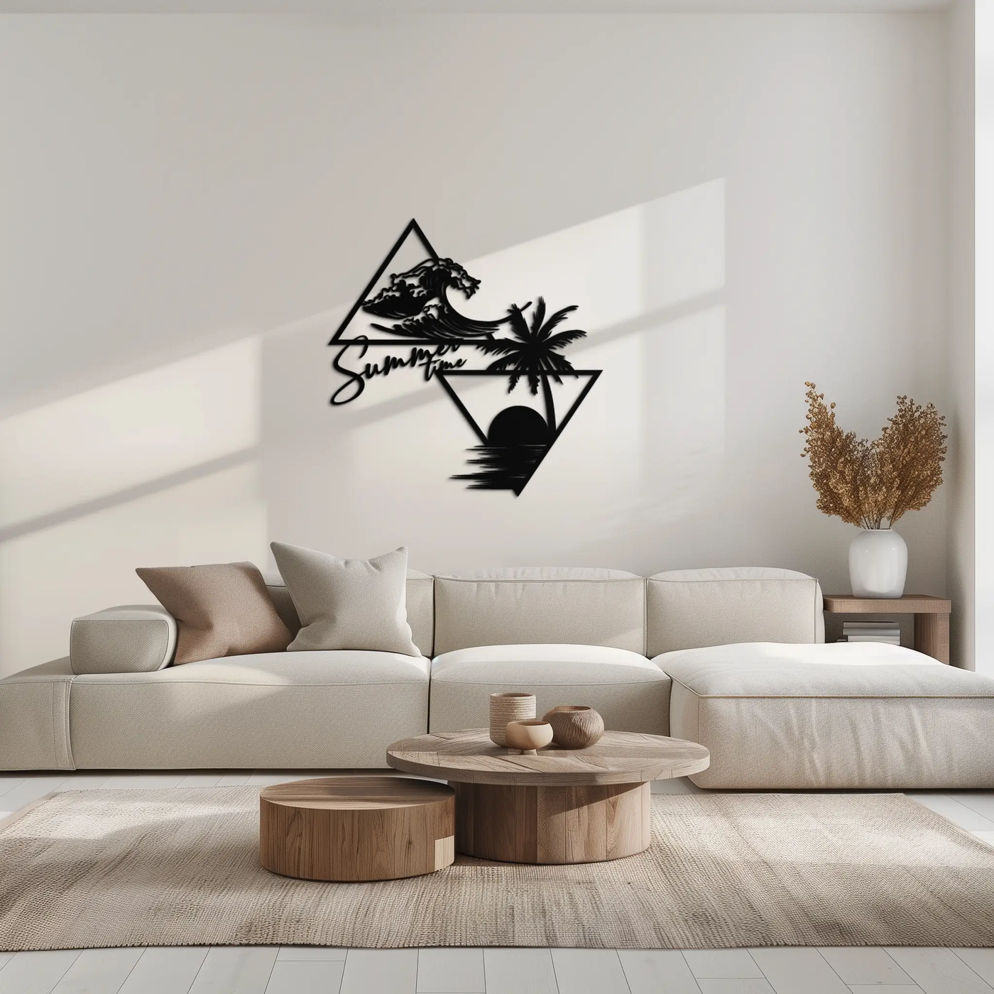 Summer Time Beach Scene Metal Wall Art – Tropical Ocean Waves and Palm Tree Black Steel Decor for Coastal Interiors- KAF461 by Enova Art