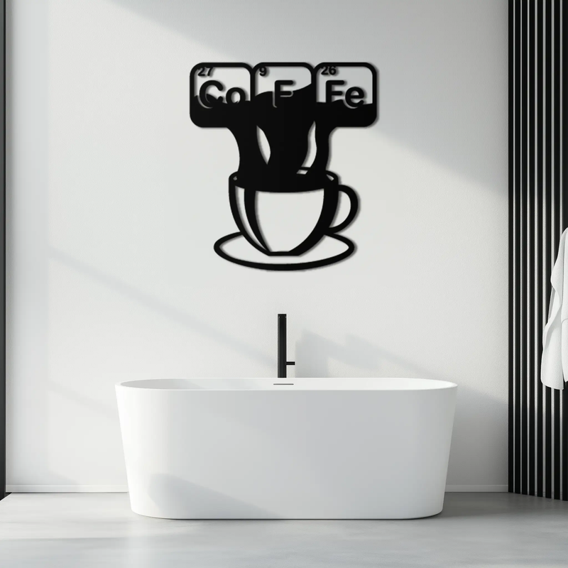Coffee Elements Chemistry Metal Wall Art – Scientific Coffee Cup Black Steel Decor for Kitchens, Cafés, and Offices- KAF462 by Enova Art