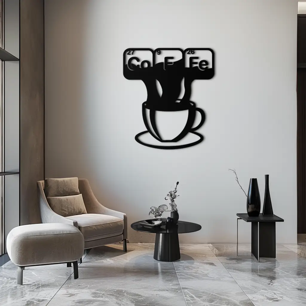 Coffee Elements Chemistry Metal Wall Art – Scientific Coffee Cup Black Steel Decor for Kitchens, Cafés, and Offices- KAF462