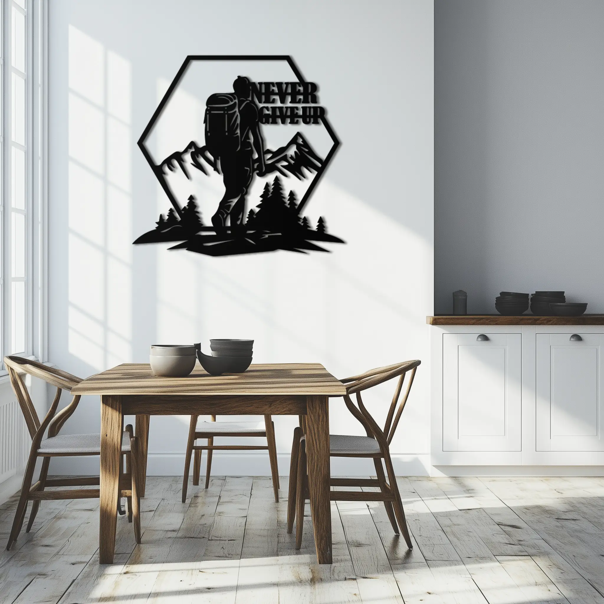 Never Give Up Hiking Metal Wall Art – Motivational Mountain Hiker Black Steel Decor for Adventure Lovers and Outdoor Enthusiasts- KAF463 by Enova Art