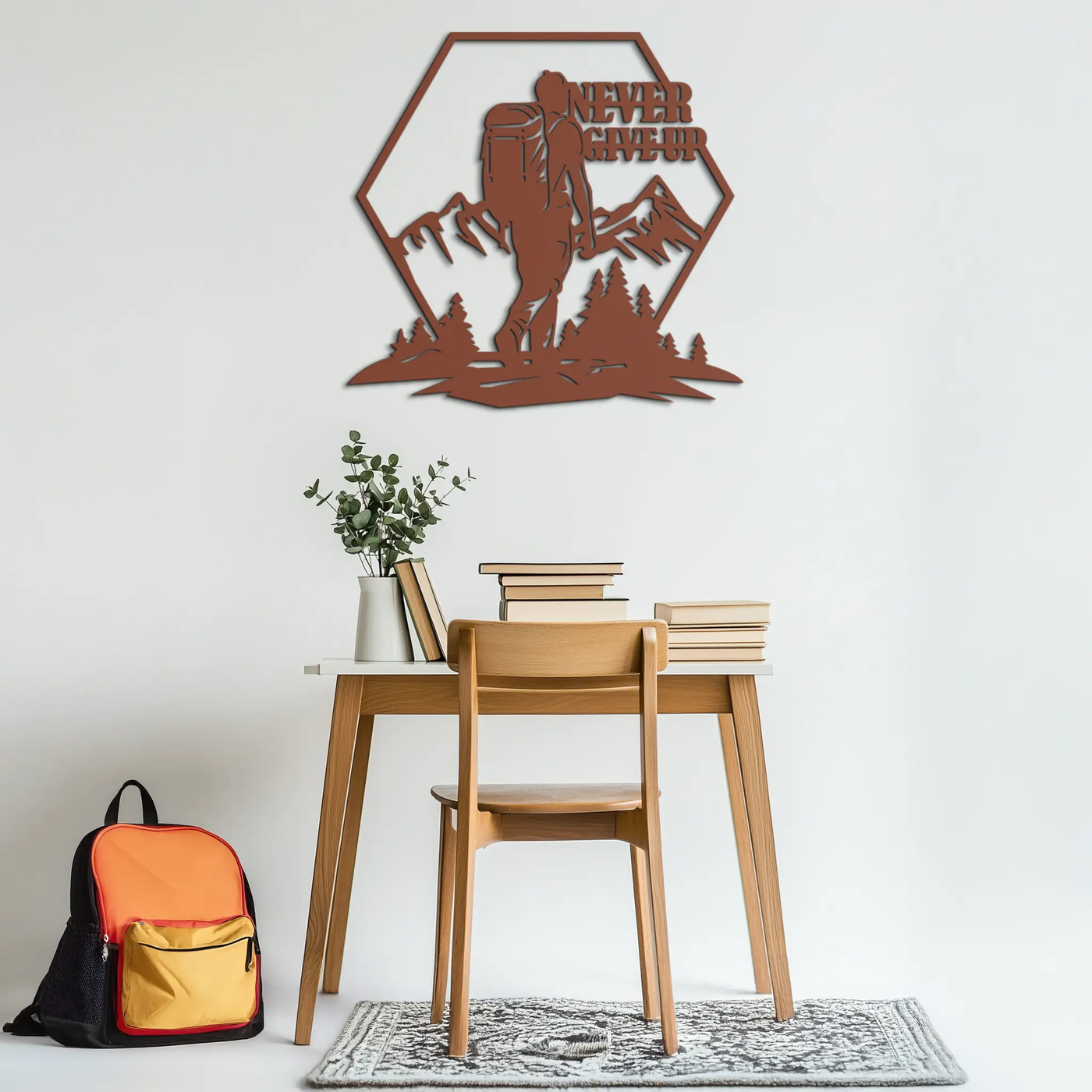 Never Give Up Hiking Metal Wall Art – Motivational Mountain Hiker Black Steel Decor for Adventure Lovers and Outdoor Enthusiasts- KAF463 by Enova Art