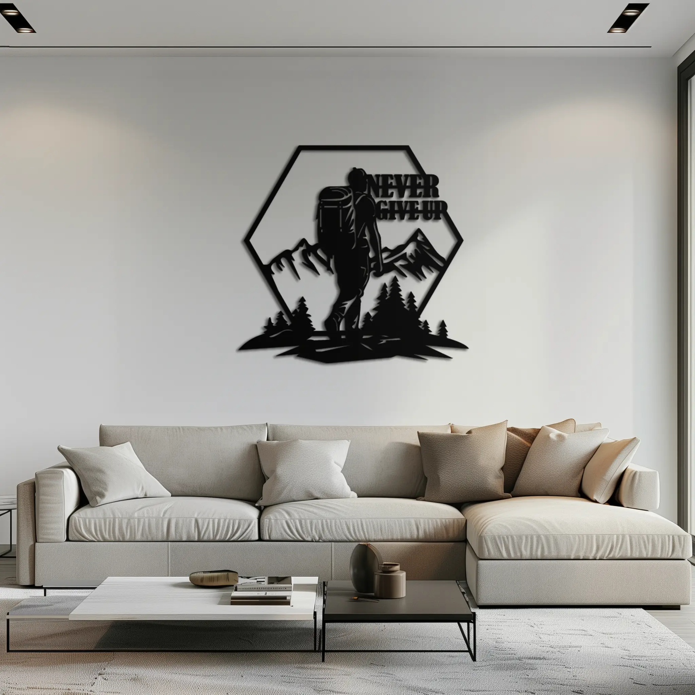 Never Give Up Hiking Metal Wall Art – Motivational Mountain Hiker Black Steel Decor for Adventure Lovers and Outdoor Enthusiasts- KAF463 by Enova Art