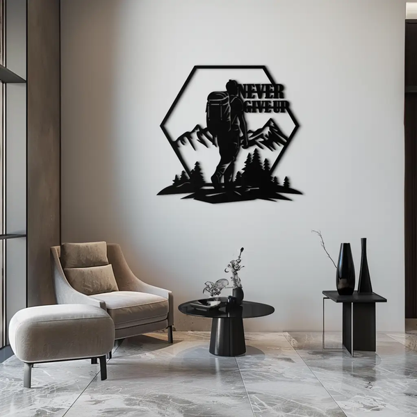 Never Give Up Hiking Metal Wall Art – Motivational Mountain Hiker Black Steel Decor for Adventure Lovers and Outdoor Enthusiasts- KAF463
