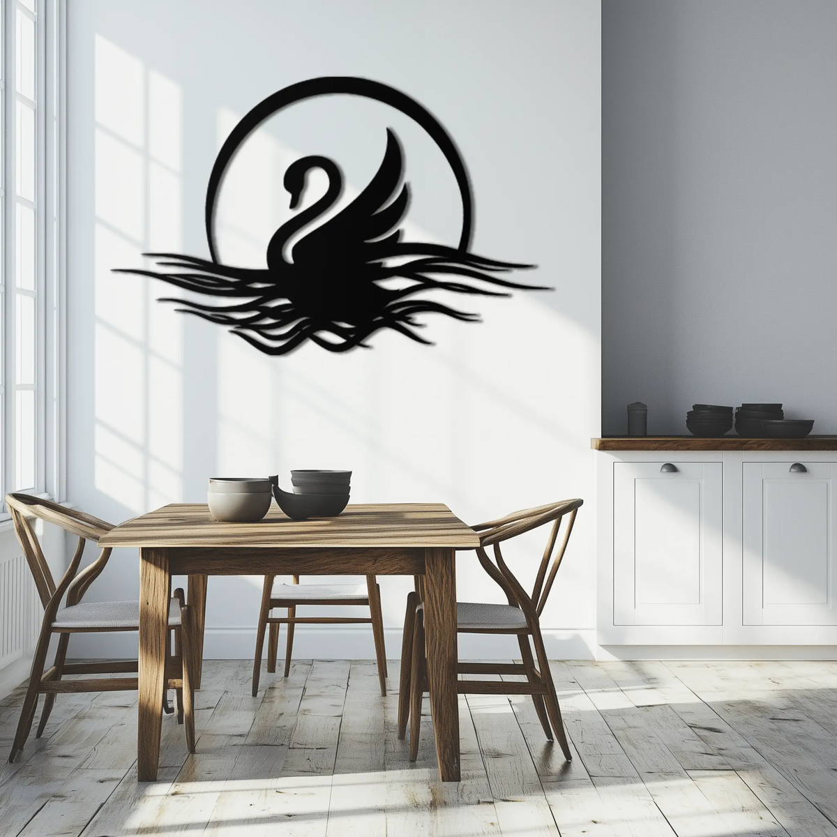Elegant Swan on Lake Metal Wall Art – Serene Black Steel Decor for Modern, Nature-Inspired Home Interiors- KAF465 by Enova Art