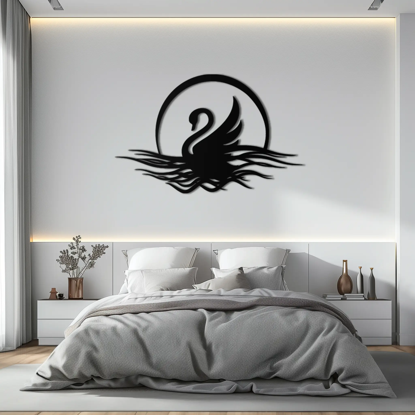 Elegant Swan on Lake Metal Wall Art – Serene Black Steel Decor for Modern, Nature-Inspired Home Interiors- KAF465 by Enova Art