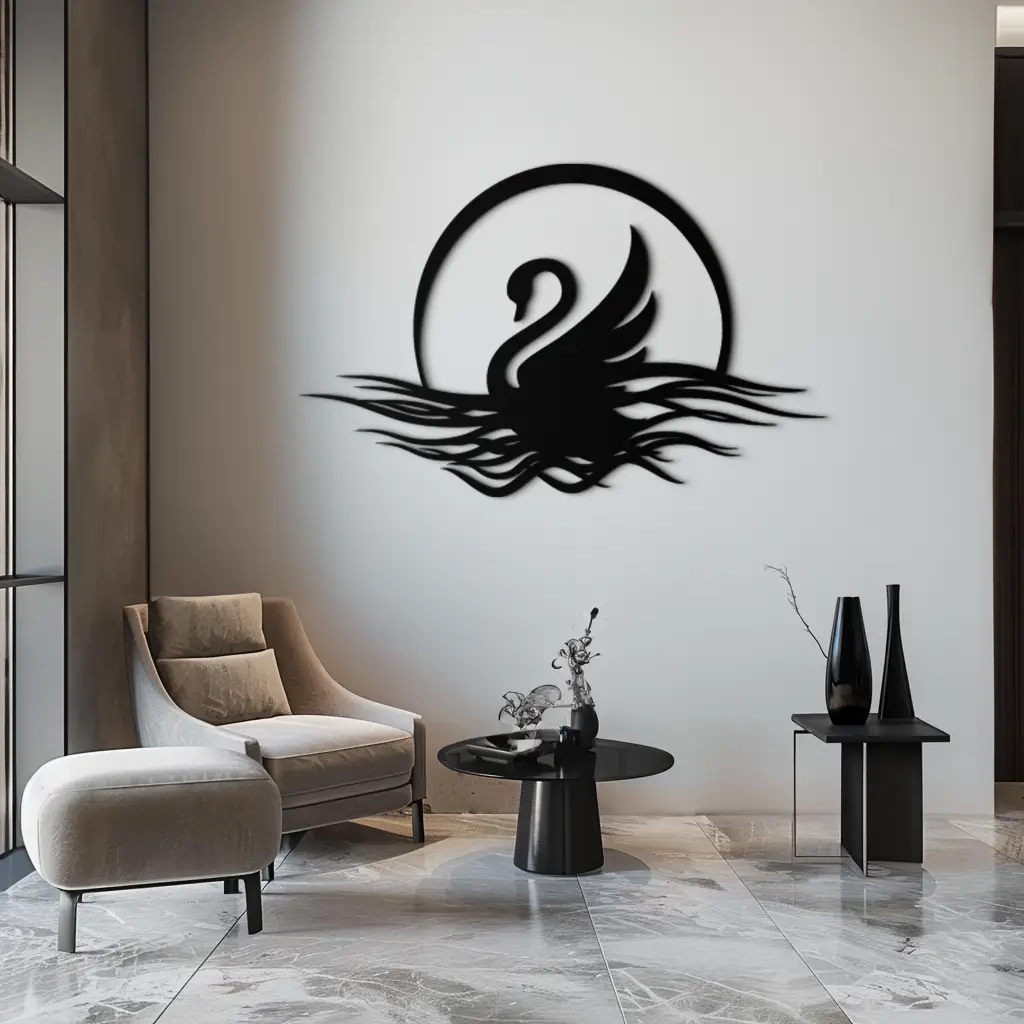 Elegant Swan on Lake Metal Wall Art – Serene Black Steel Decor for Modern, Nature-Inspired Home Interiors- KAF465 by Enova Art