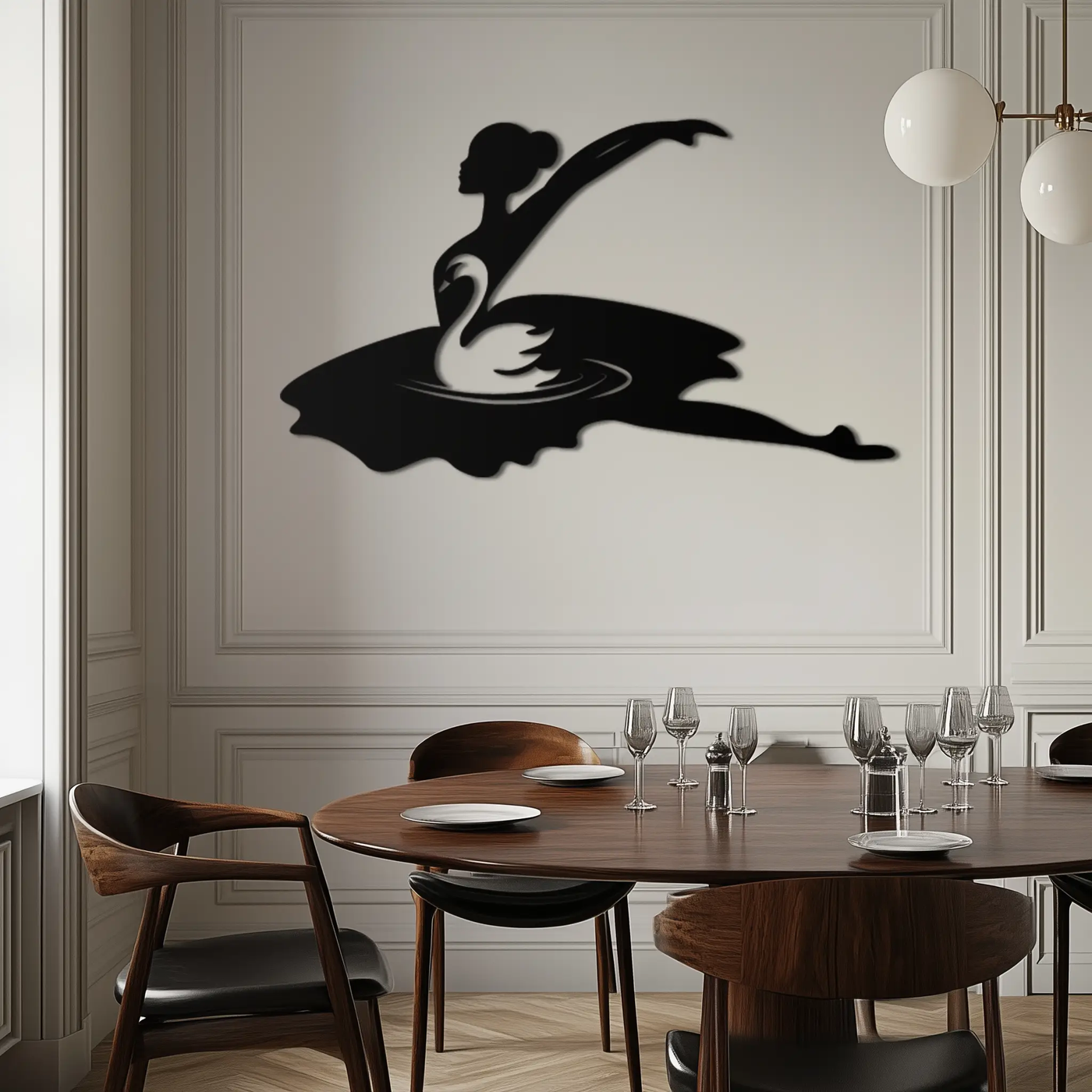 Ballet Dancer with Swan Silhouette Metal Wall Art – Elegant Black Steel Decor for Ballet Studios, Bedrooms, and Living Spaces- KAF466 by Enova Art