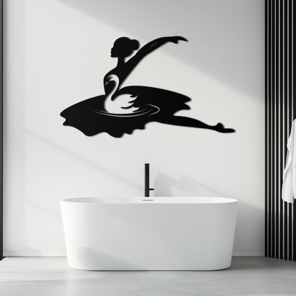 Ballet Dancer with Swan Silhouette Metal Wall Art – Elegant Black Steel Decor for Ballet Studios, Bedrooms, and Living Spaces- KAF466