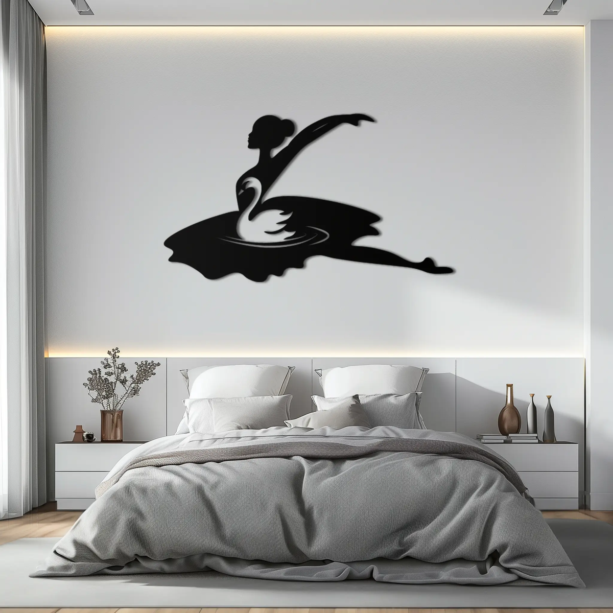 Ballet Dancer with Swan Silhouette Metal Wall Art – Elegant Black Steel Decor for Ballet Studios, Bedrooms, and Living Spaces- KAF466 by Enova Art