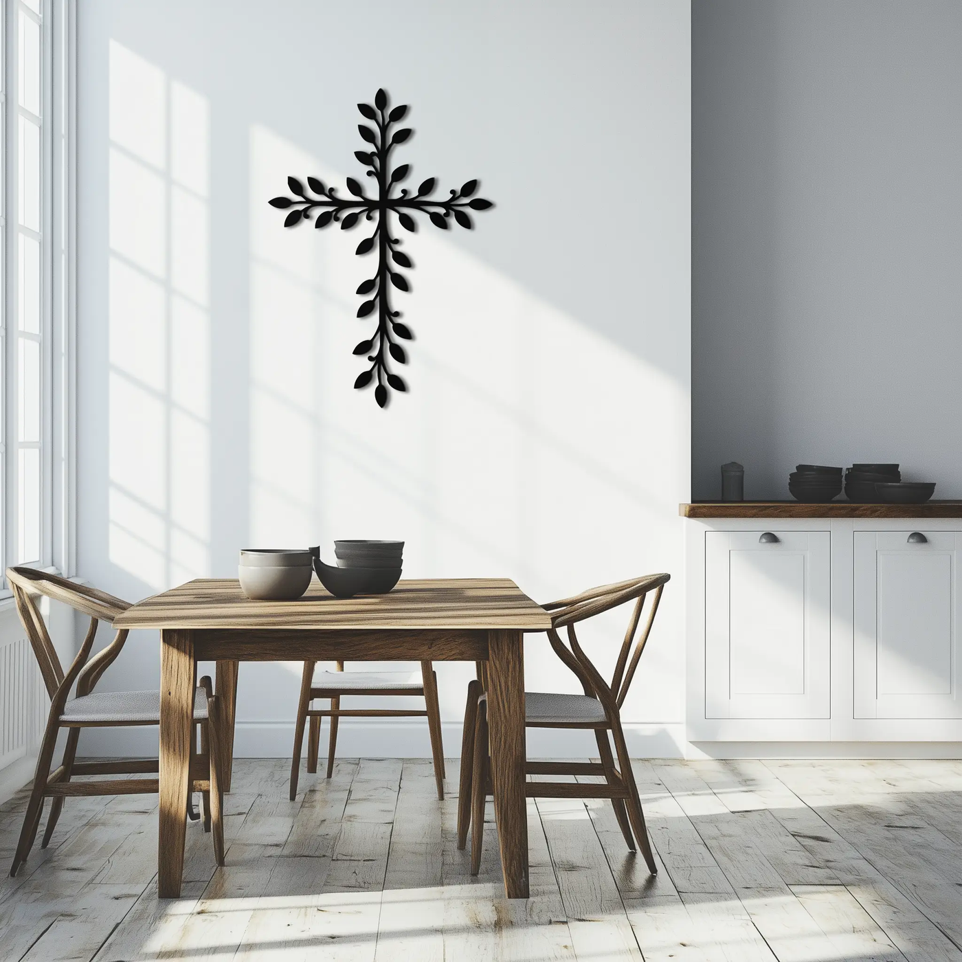 Leaf Cross Metal Wall Art - Elegant Botanical Christian Home Decor- KAF482 by Enova Art
