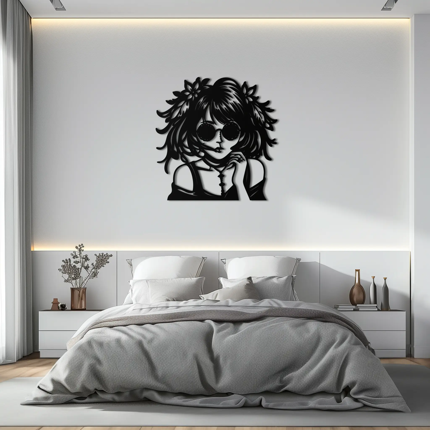 Anime Girl Silhouette Metal Wall Art – Black Steel Artistic Modern Home Decor- KAF490 by Enova Art