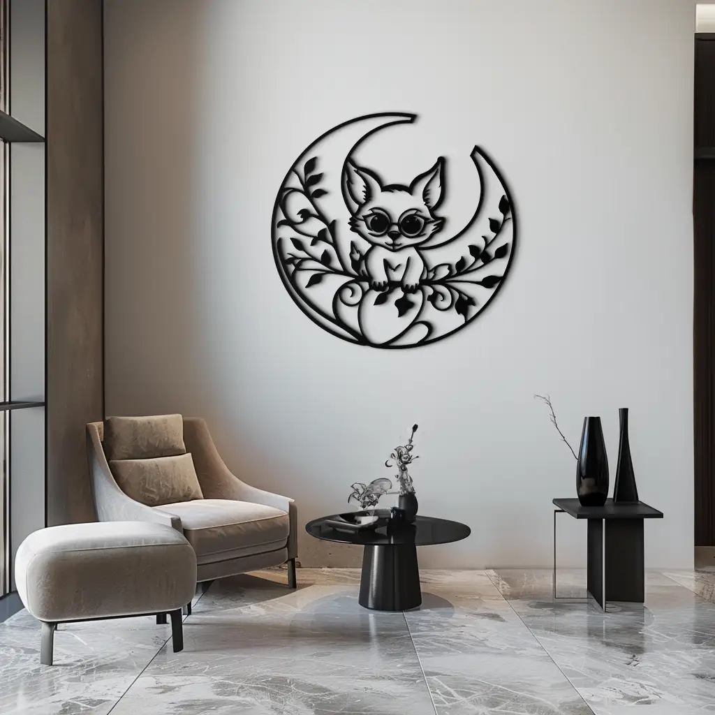Moon Cat Silhouette Metal Wall Art – Black Steel Whimsical Pet Lover Decor- KAF492 by Enova Art