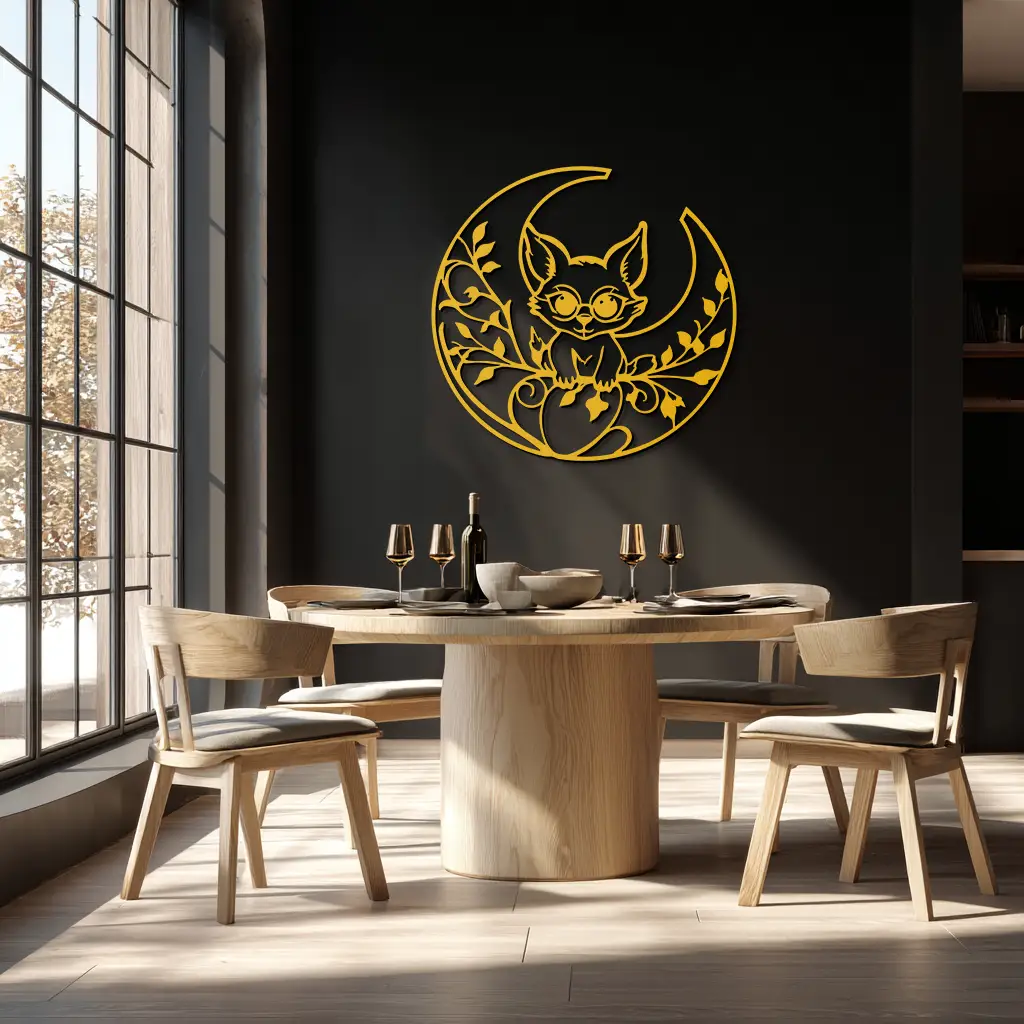 Moon Cat Silhouette Metal Wall Art – Black Steel Whimsical Pet Lover Decor- KAF492 by Enova Art