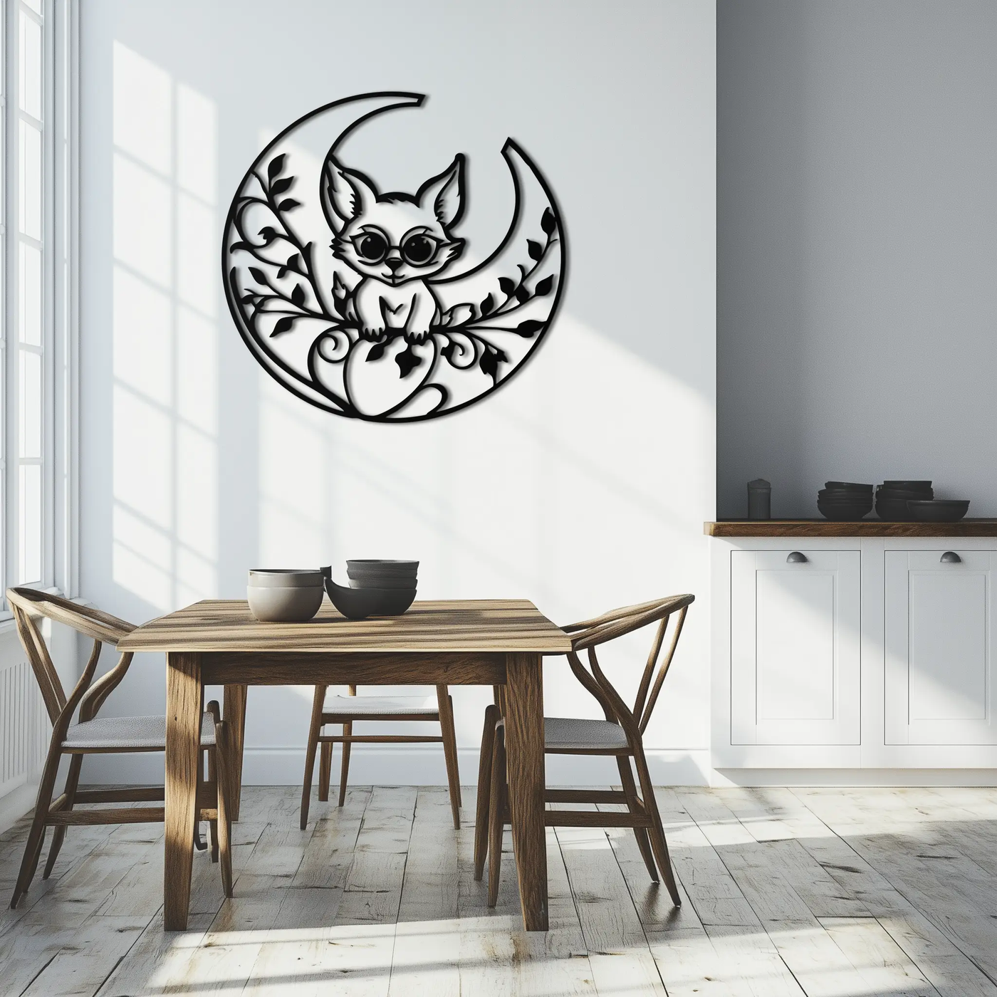 Moon Cat Silhouette Metal Wall Art – Black Steel Whimsical Pet Lover Decor- KAF492 by Enova Art