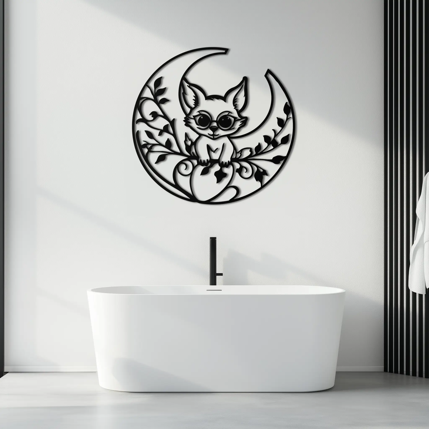 Moon Cat Silhouette Metal Wall Art – Black Steel Whimsical Pet Lover Decor- KAF492 by Enova Art