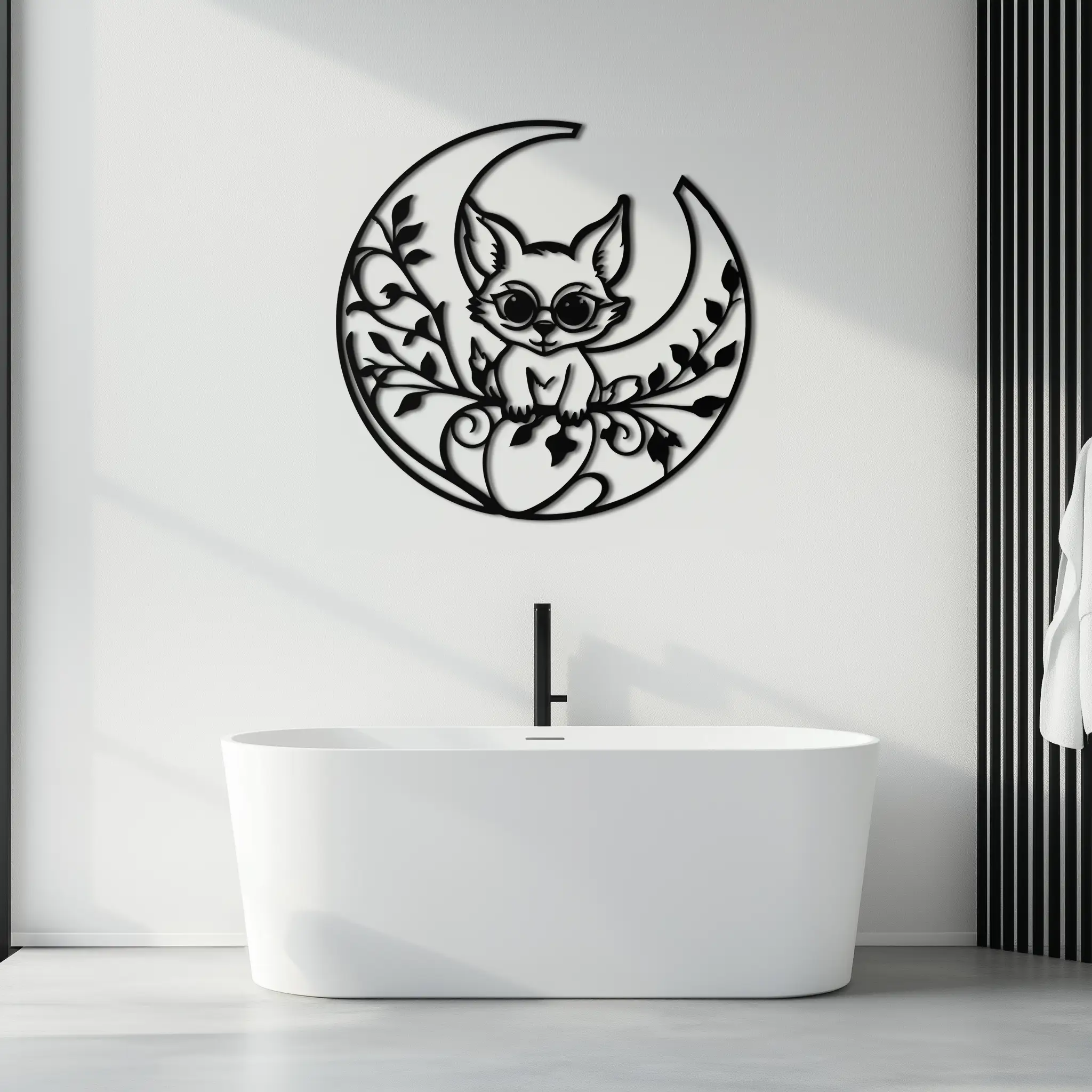 Moon Cat Silhouette Metal Wall Art – Black Steel Whimsical Pet Lover Decor- KAF492 by Enova Art