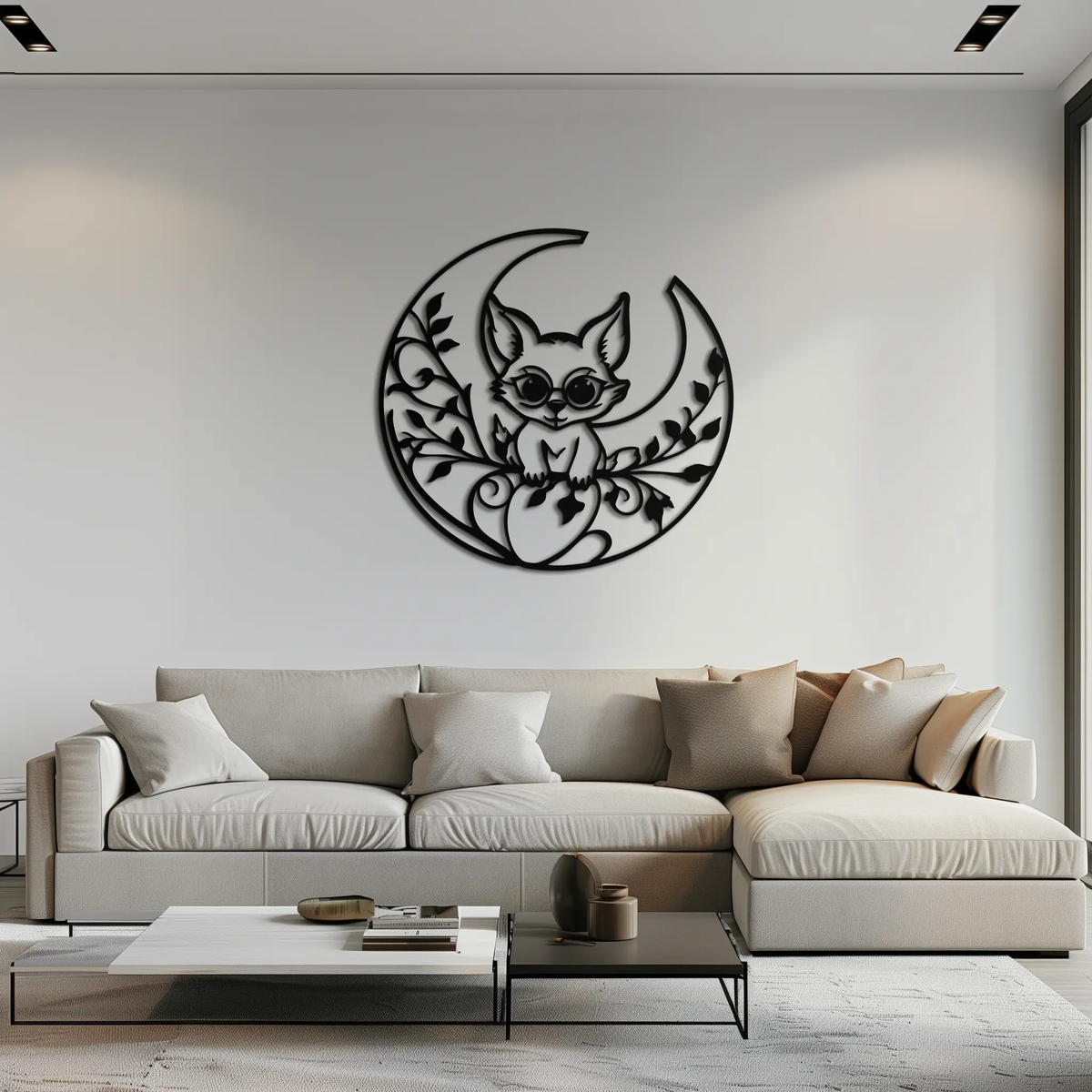 Moon Cat Silhouette Metal Wall Art – Black Steel Whimsical Pet Lover Decor- KAF492 by Enova Art
