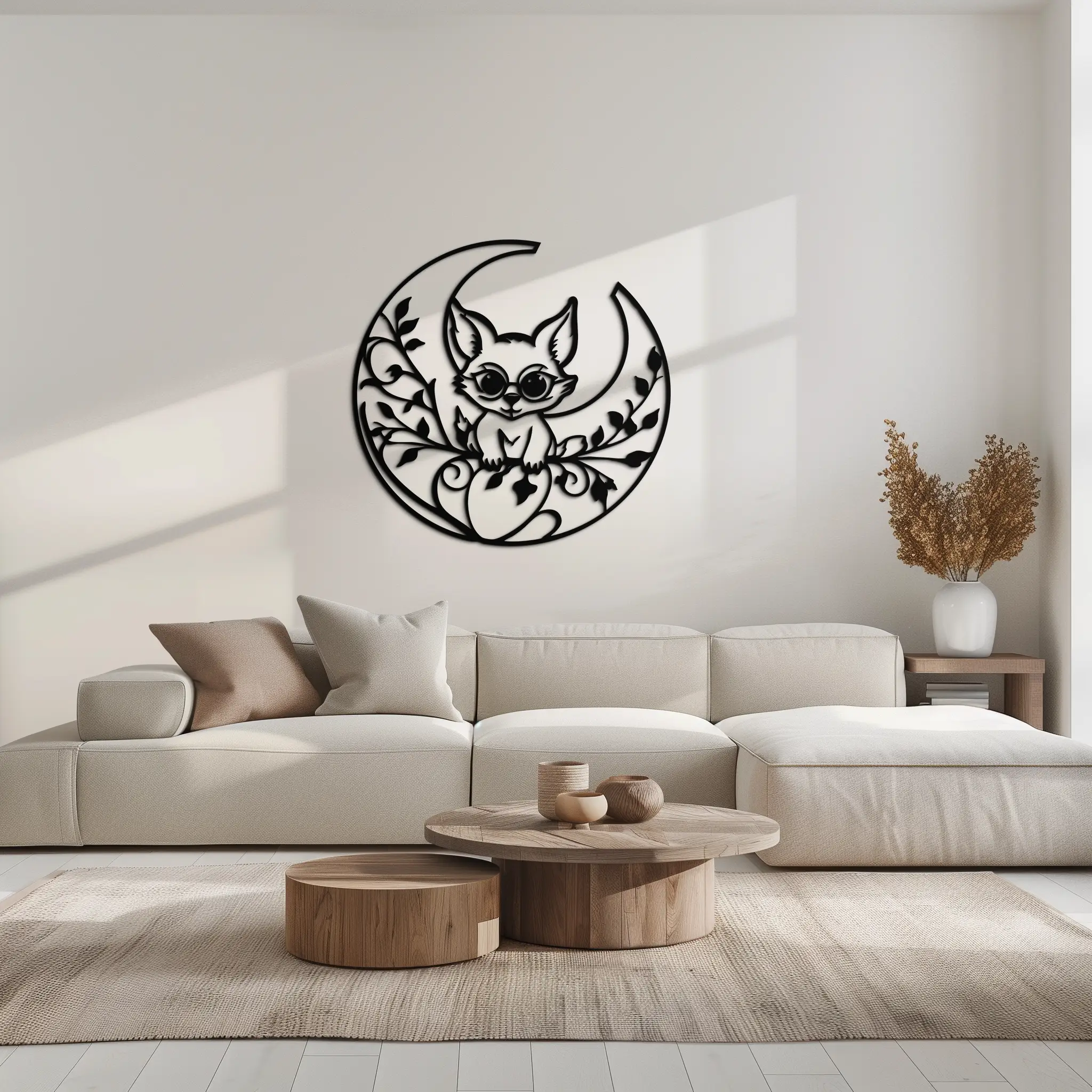 Moon Cat Silhouette Metal Wall Art – Black Steel Whimsical Pet Lover Decor- KAF492 by Enova Art
