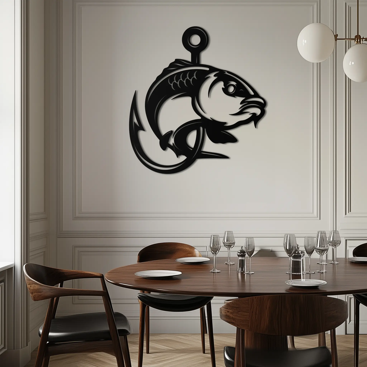 Fishing Hook and Fish Silhouette Metal Wall Art – Black Steel Angler’s Home Decor- KAF495 by Enova Art