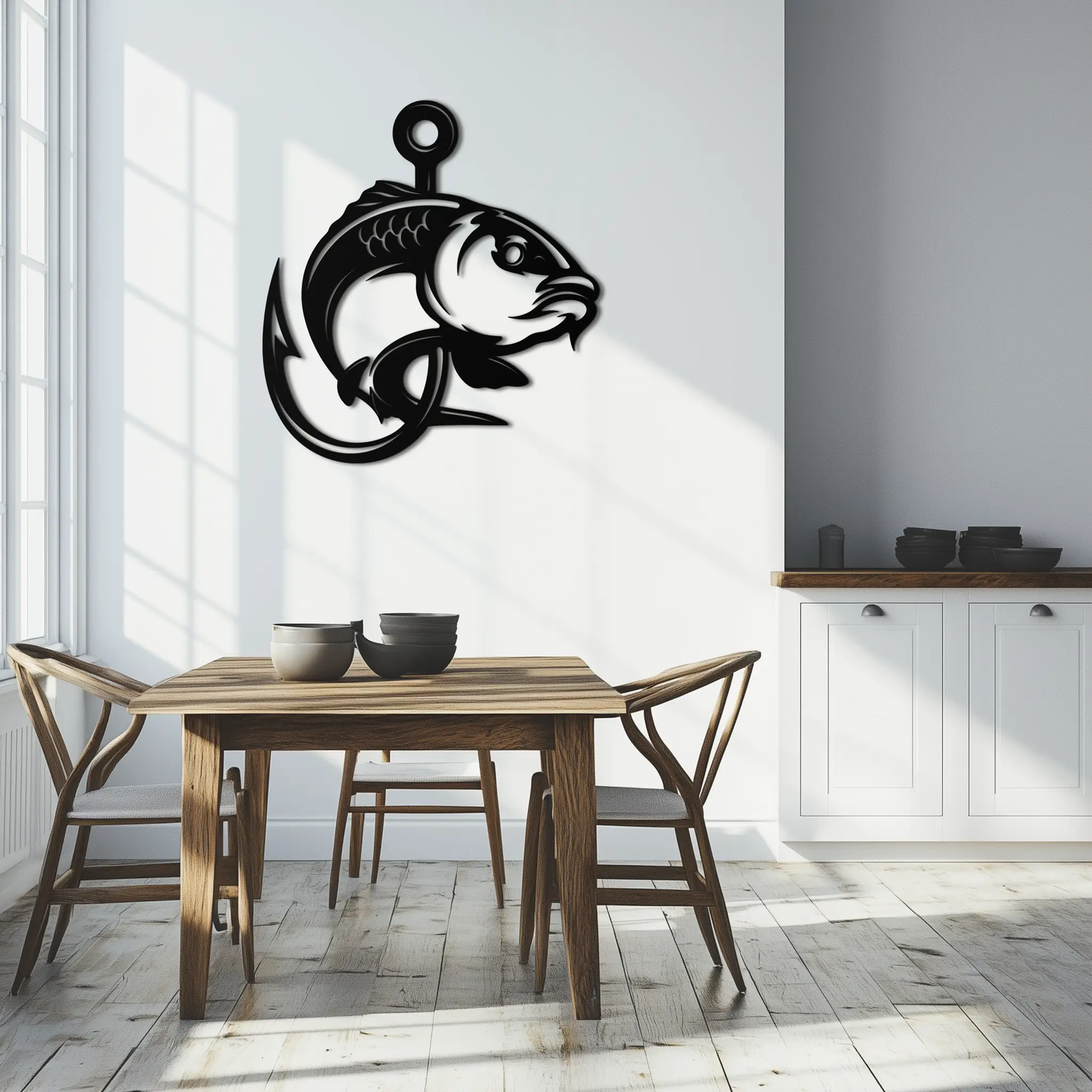 Fishing Hook and Fish Silhouette Metal Wall Art – Black Steel Angler’s Home Decor- KAF495 by Enova Art
