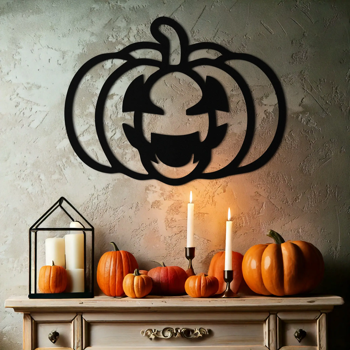 Pumpkin Halloween Metal Wall Art – Spooky Jack O'Lantern Black Decor- KAF500 by Enova Art