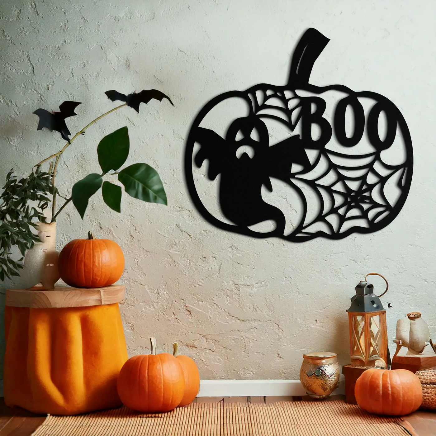 Halloween Pumpkin Ghost Metal Wall Art – Spooky Black Steel Holiday Decoration- KAF501 by Enova Art