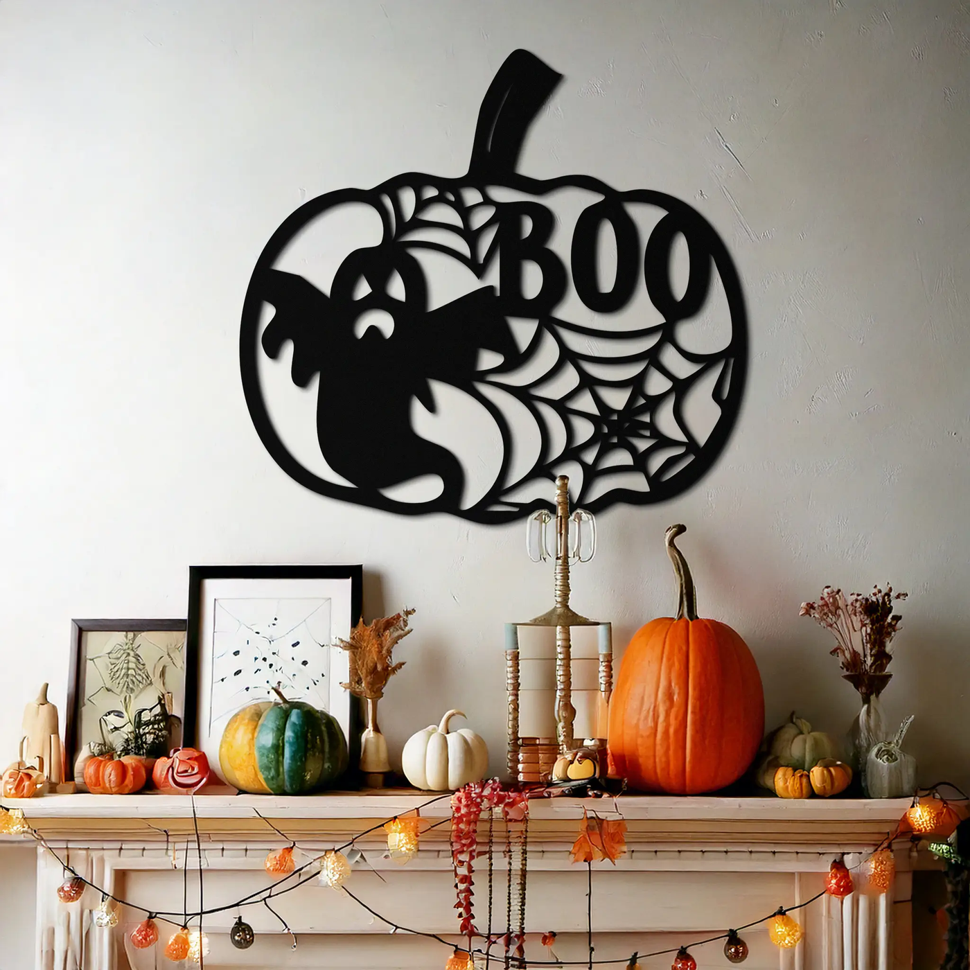 Halloween Pumpkin Ghost Metal Wall Art – Spooky Black Steel Holiday Decoration- KAF501 by Enova Art