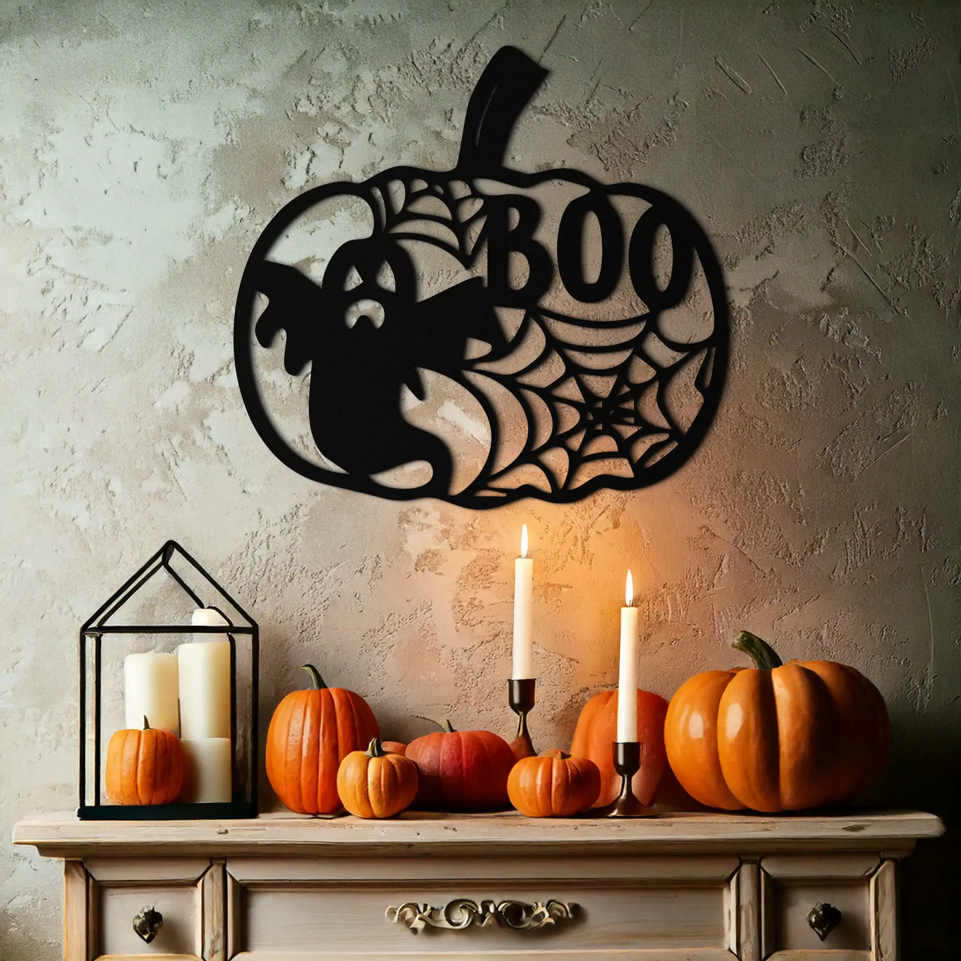 Halloween Pumpkin Ghost Metal Wall Art – Spooky Black Steel Holiday Decoration- KAF501 by Enova Art