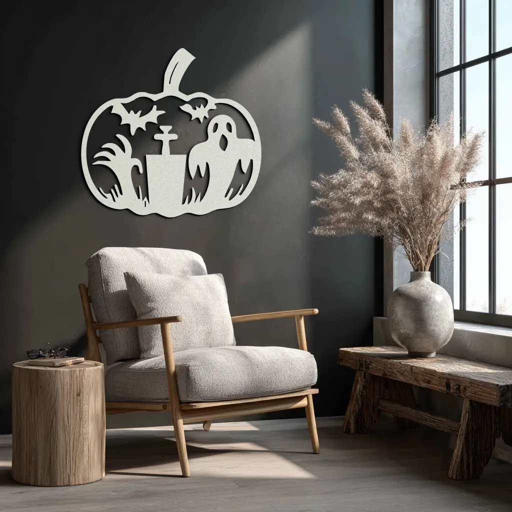 Halloween Ghost Pumpkin Metal Wall Art – Black Steel Spooky Holiday Decoration- KAF503 by Enova Art