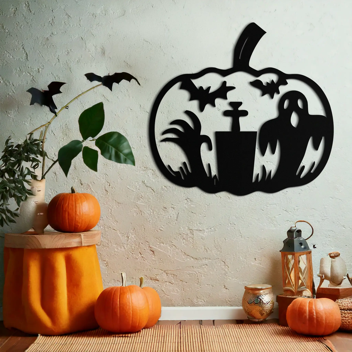 Halloween Ghost Pumpkin Metal Wall Art – Black Steel Spooky Holiday Decoration- KAF503 by Enova Art
