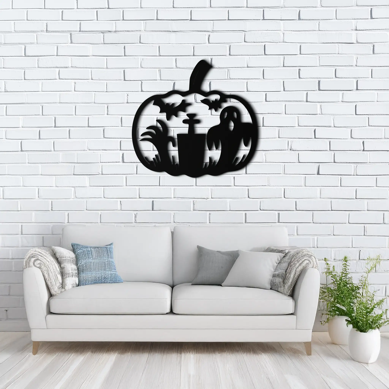 Halloween Ghost Pumpkin Metal Wall Art – Black Steel Spooky Holiday Decoration- KAF503 by Enova Art