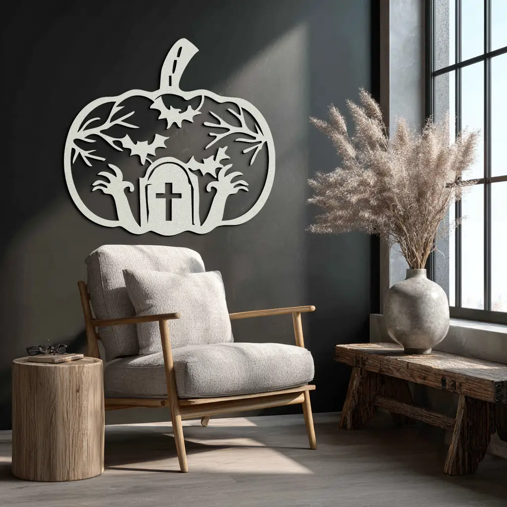 Halloween Cemetery Pumpkin Metal Wall Art – Spooky Black Steel Halloween Decor- KAF504 by Enova Art