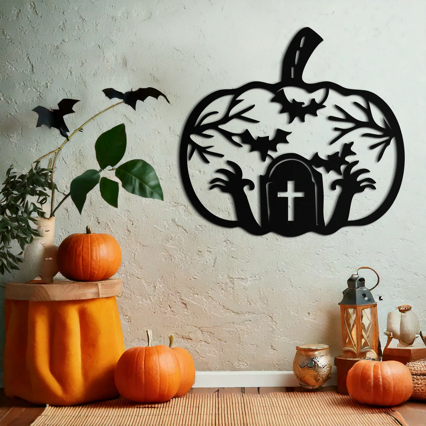 Halloween Cemetery Pumpkin Metal Wall Art – Spooky Black Steel Halloween Decor- KAF504 by Enova Art
