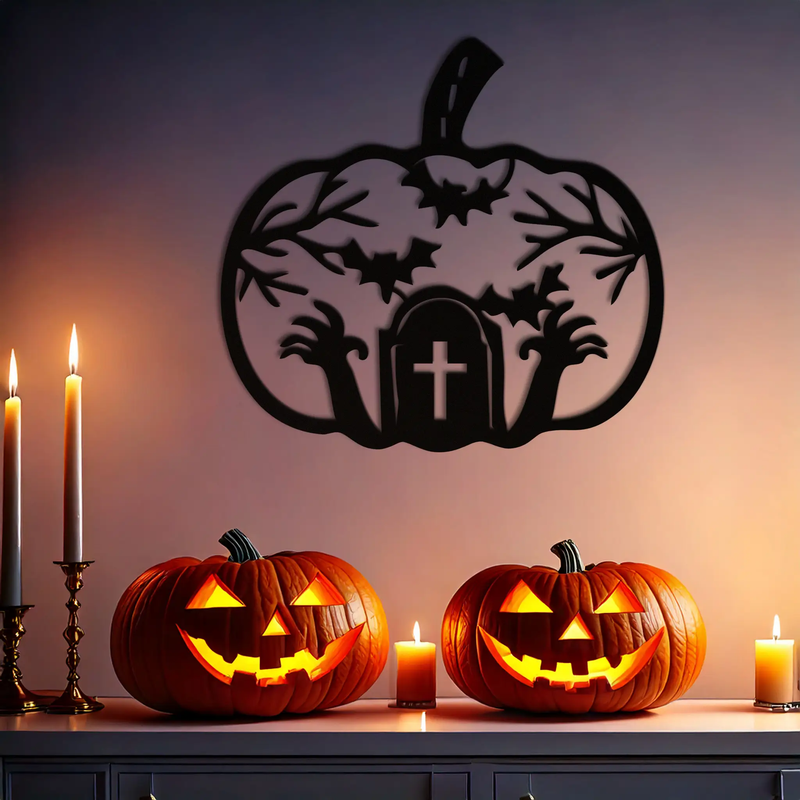 Halloween Cemetery Pumpkin Metal Wall Art – Spooky Black Steel Halloween Decor- KAF504 by Enova Art