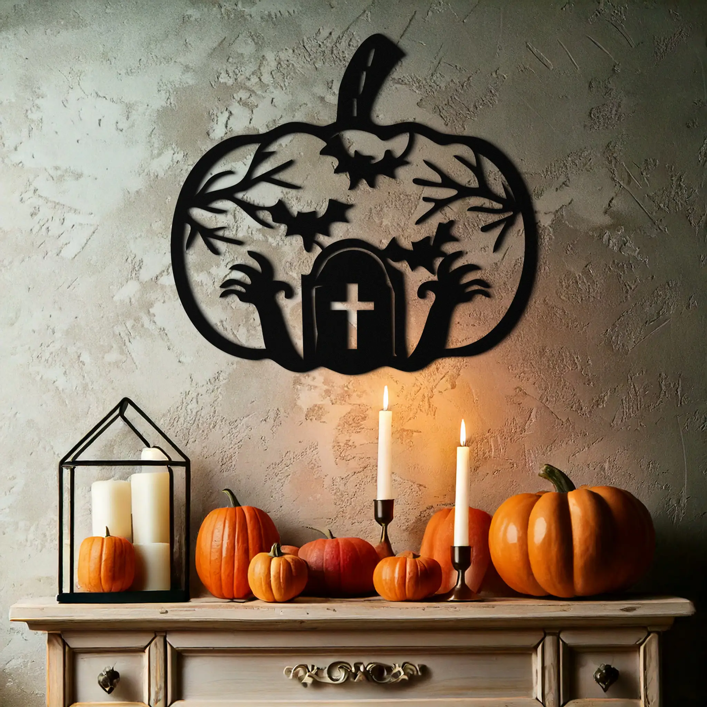 Halloween Cemetery Pumpkin Metal Wall Art – Spooky Black Steel Halloween Decor- KAF504 by Enova Art