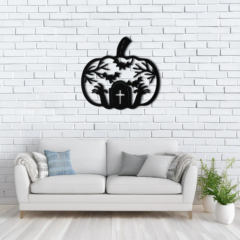 Halloween Cemetery Pumpkin Metal Wall Art – Spooky Black Steel Halloween Decor- KAF504 by Enova Art