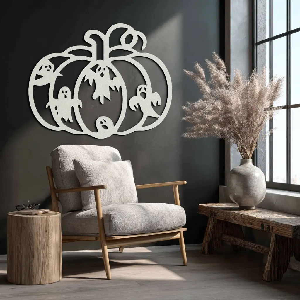 Halloween Pumpkin and Ghosts Metal Wall Art – Spooky Black Steel Decoration- KAF505 by Enova Art