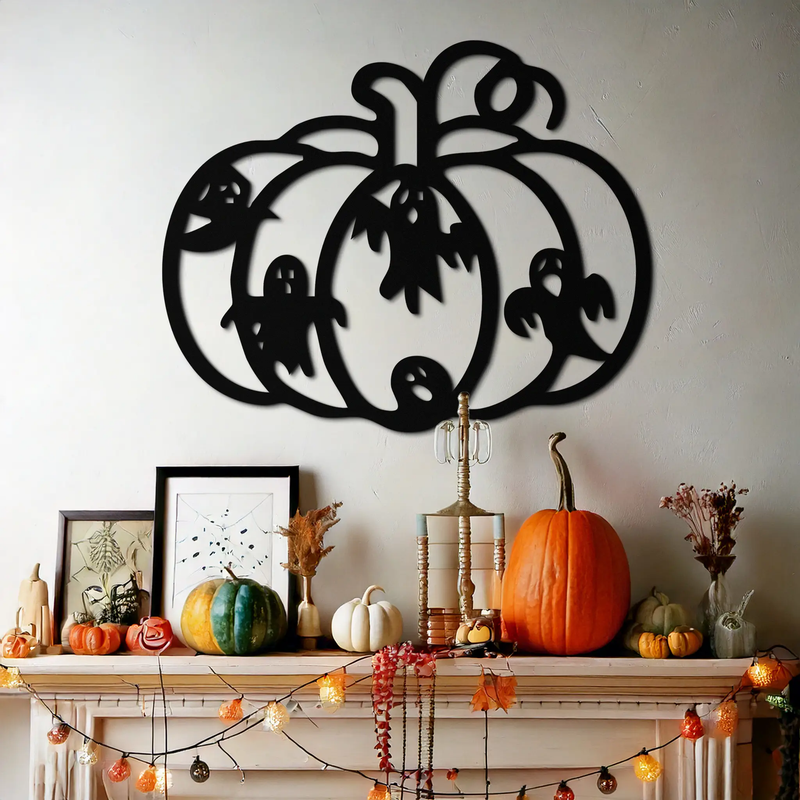 Halloween Pumpkin and Ghosts Metal Wall Art – Spooky Black Steel Decoration- KAF505 by Enova Art