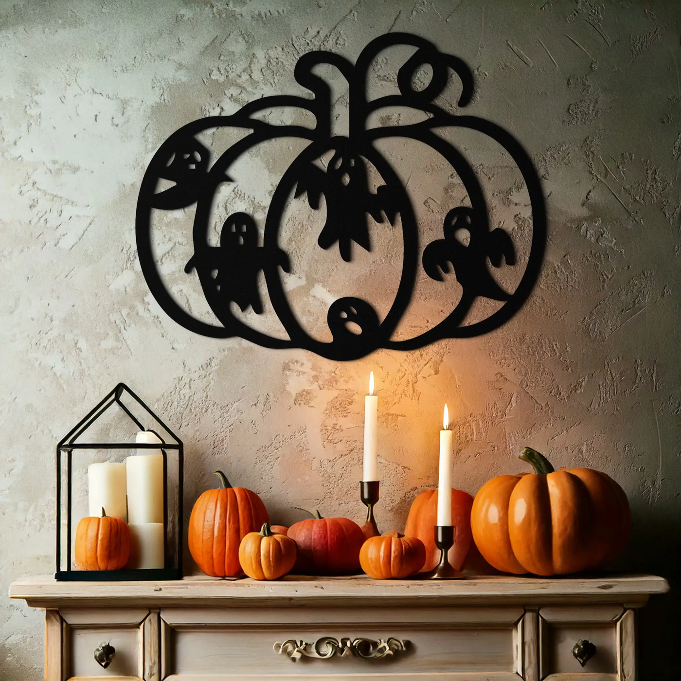Halloween Pumpkin and Ghosts Metal Wall Art – Spooky Black Steel Decoration- KAF505 by Enova Art