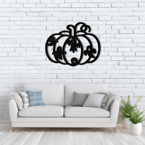 Halloween Pumpkin and Ghosts Metal Wall Art – Spooky Black Steel Decoration- KAF505