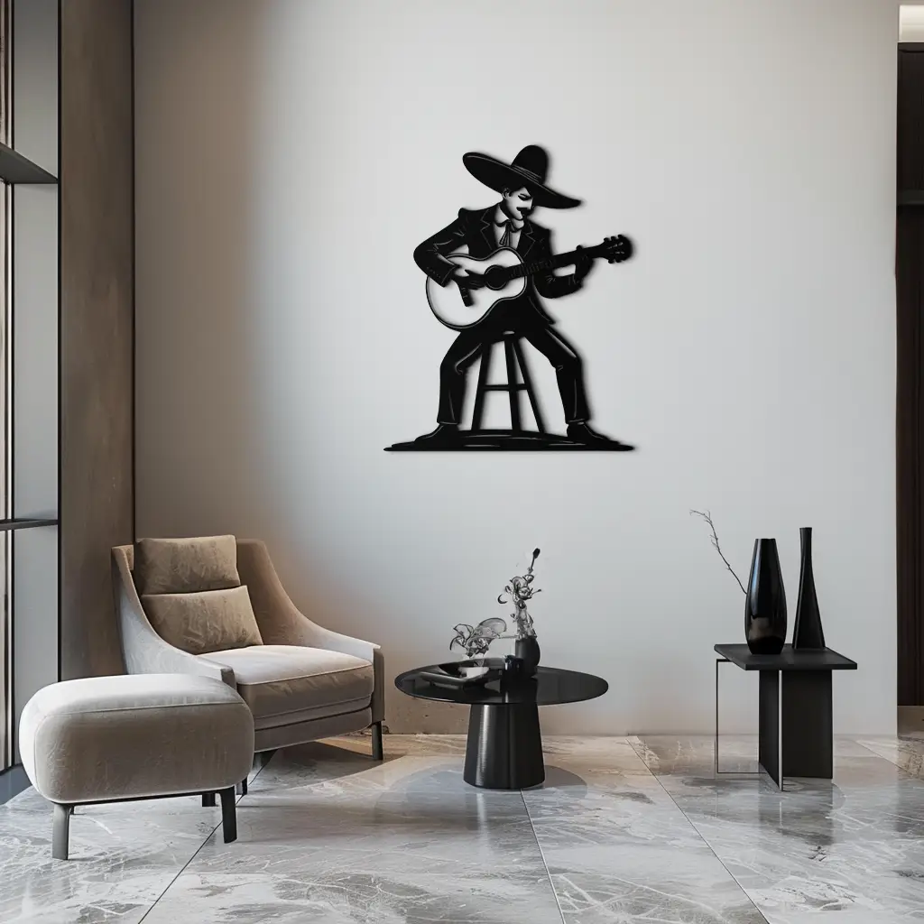 Mexican Musician Metal Wall Art – Black Steel Guitarist Day of the Dead Decor- KAF510 by Enova Art