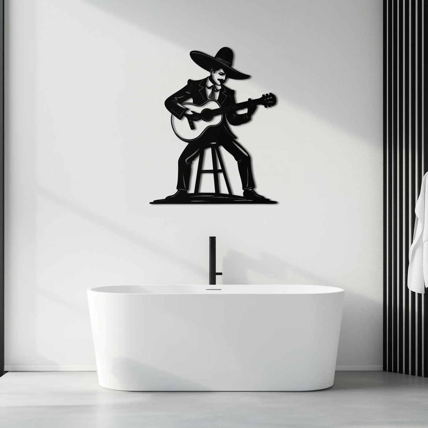 Mexican Musician Metal Wall Art – Black Steel Guitarist Day of the Dead Decor- KAF510 by Enova Art