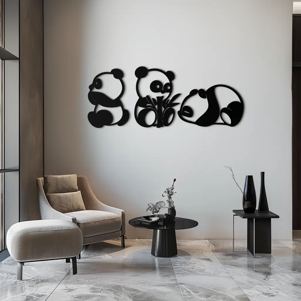 Cute Panda Trio Metal Wall Art – Black Steel Playful Animal Nursery Decor- KAF515 by Enova Art