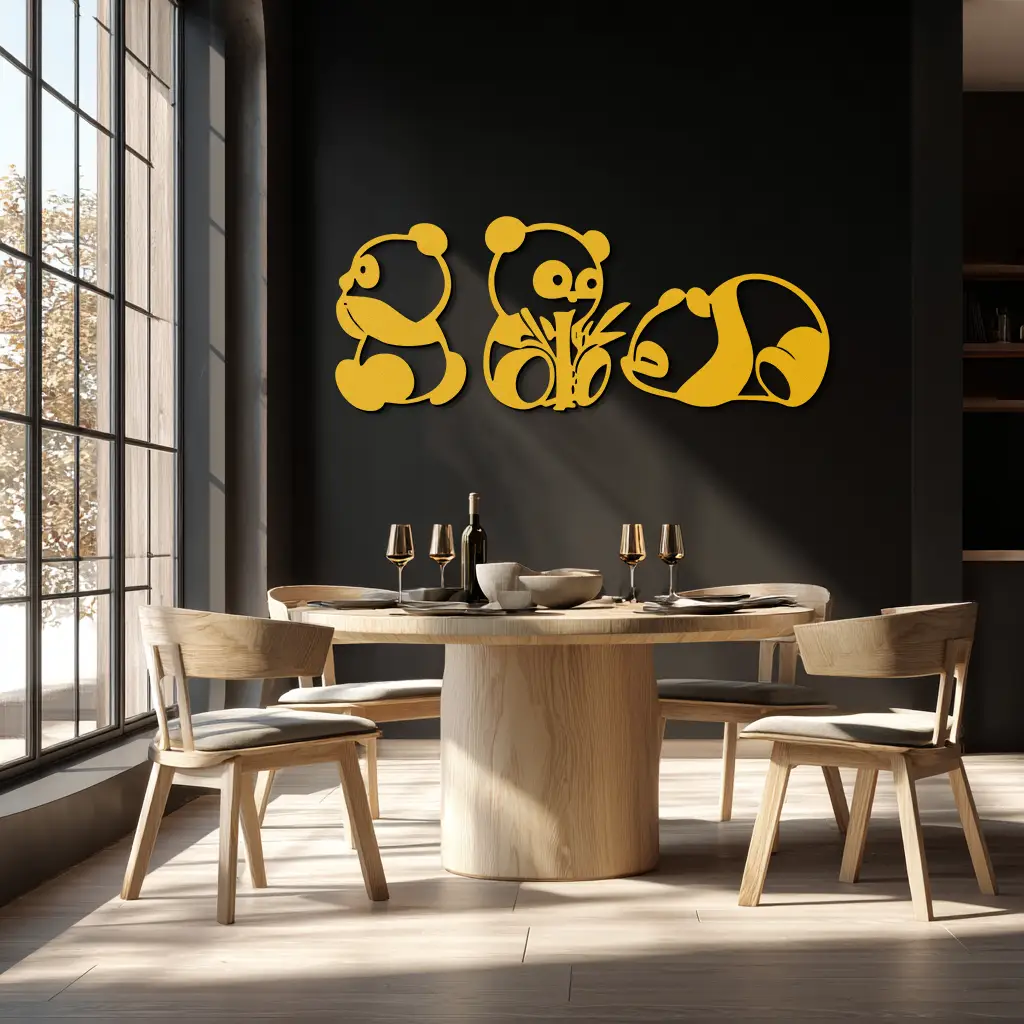 Cute Panda Trio Metal Wall Art – Black Steel Playful Animal Nursery Decor- KAF515 by Enova Art