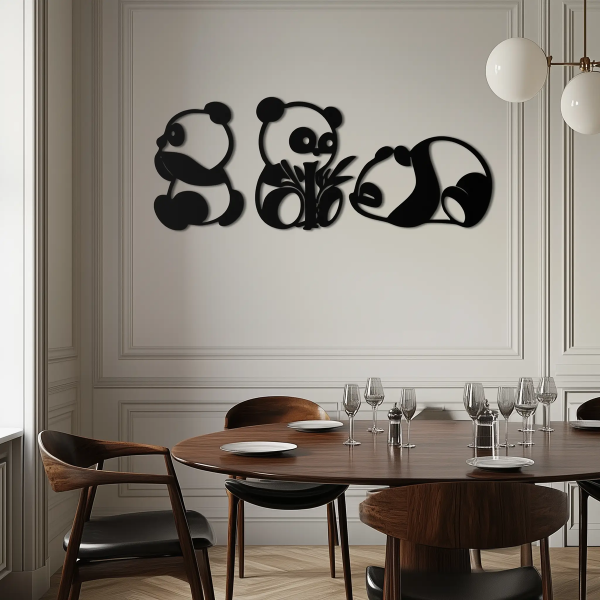 Cute Panda Trio Metal Wall Art – Black Steel Playful Animal Nursery Decor- KAF515 by Enova Art
