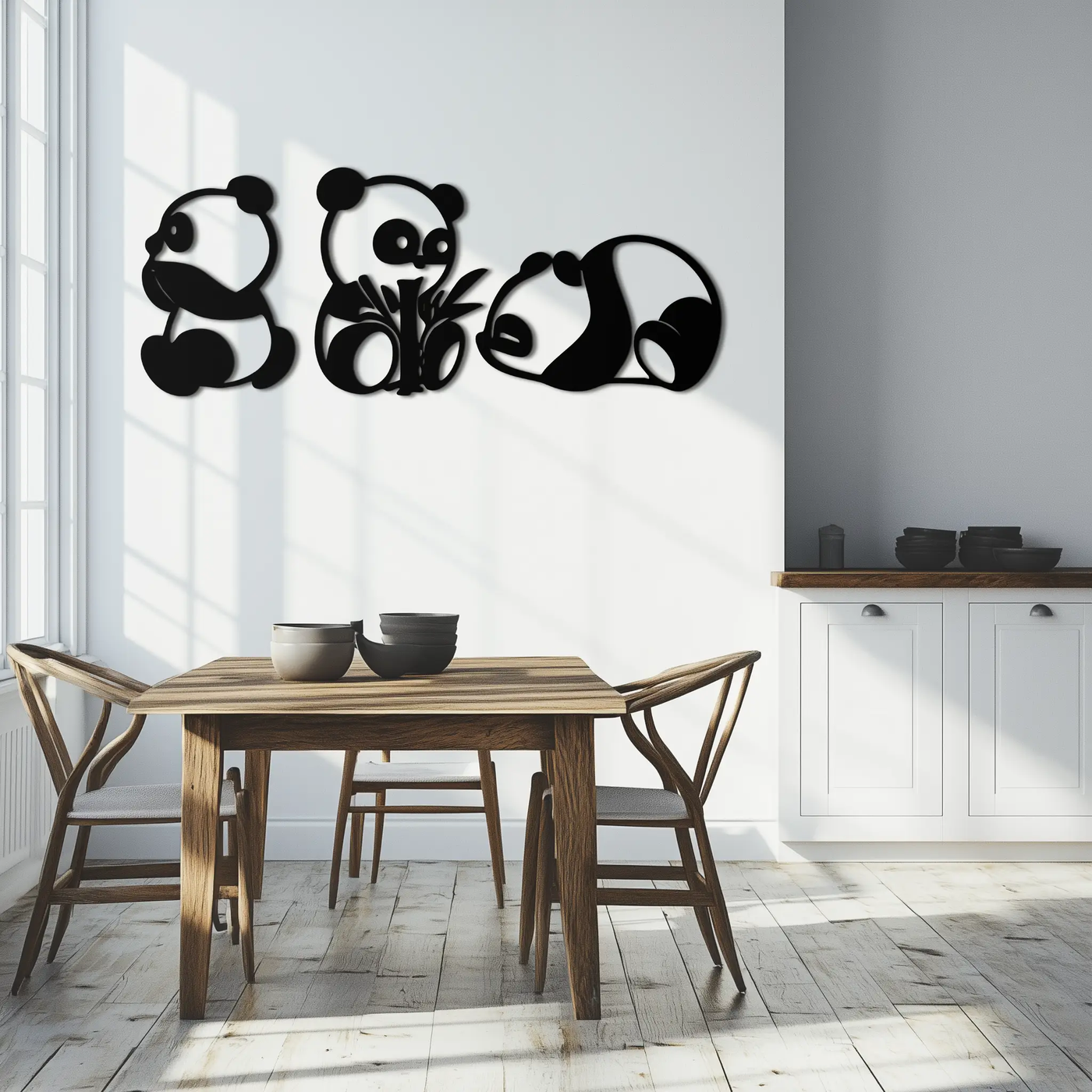 Cute Panda Trio Metal Wall Art – Black Steel Playful Animal Nursery Decor- KAF515 by Enova Art
