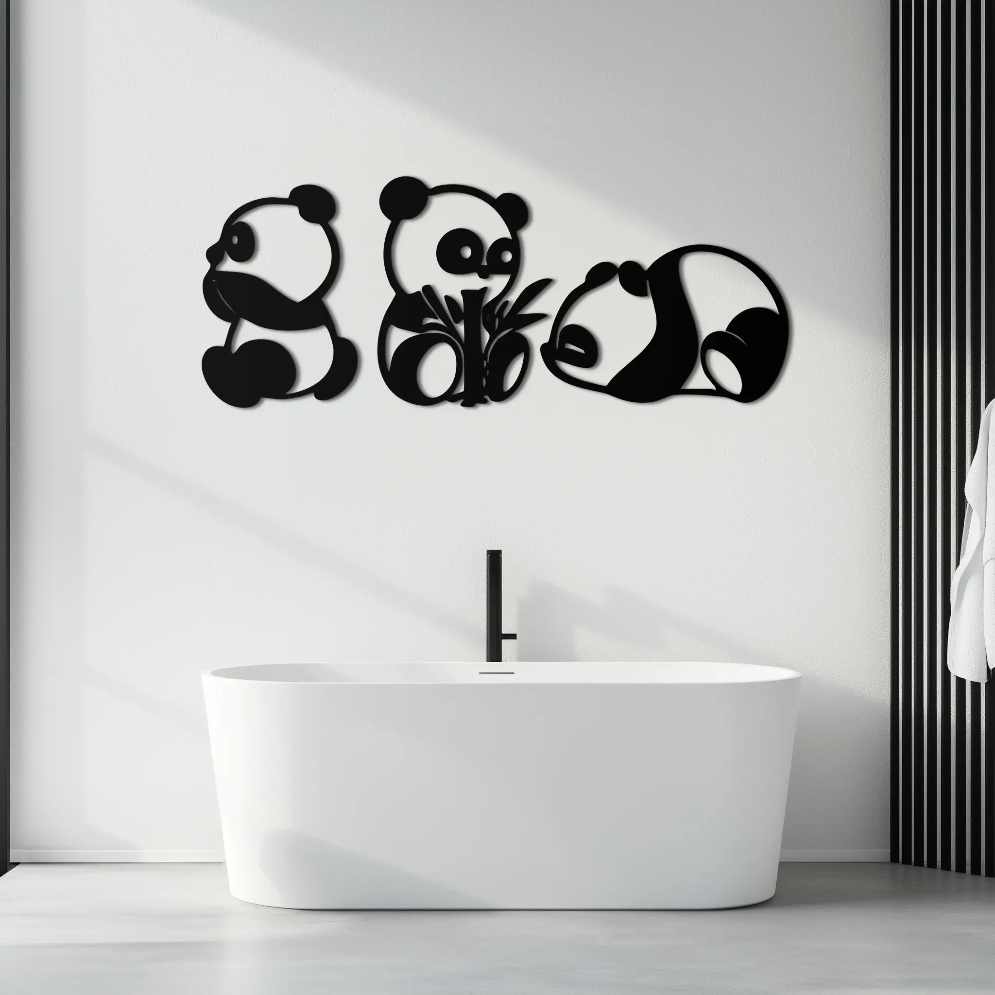 Cute Panda Trio Metal Wall Art – Black Steel Playful Animal Nursery Decor- KAF515 by Enova Art