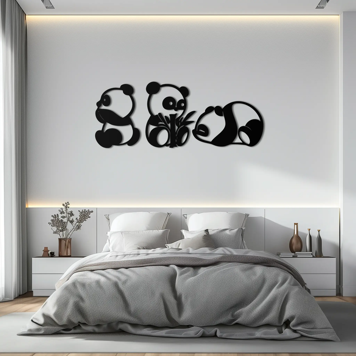 Cute Panda Trio Metal Wall Art – Black Steel Playful Animal Nursery Decor- KAF515 by Enova Art