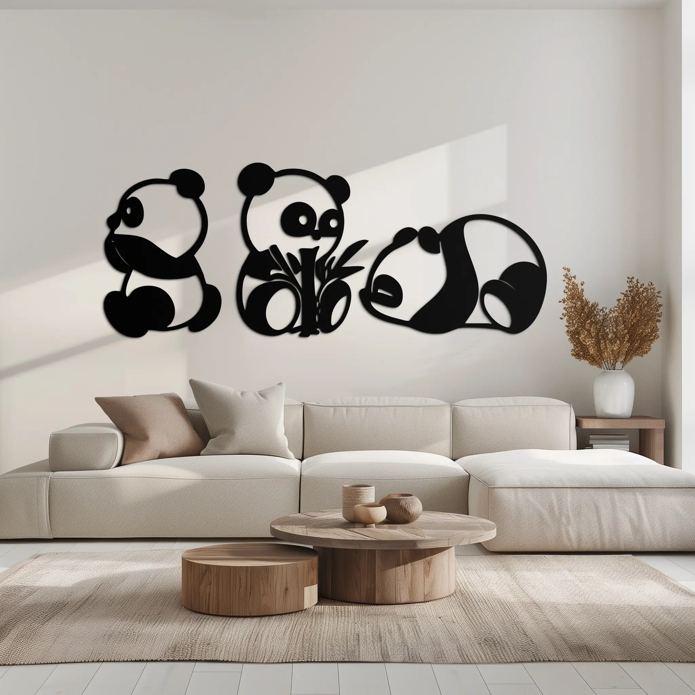 Cute Panda Trio Metal Wall Art – Black Steel Playful Animal Nursery Decor- KAF515 by Enova Art