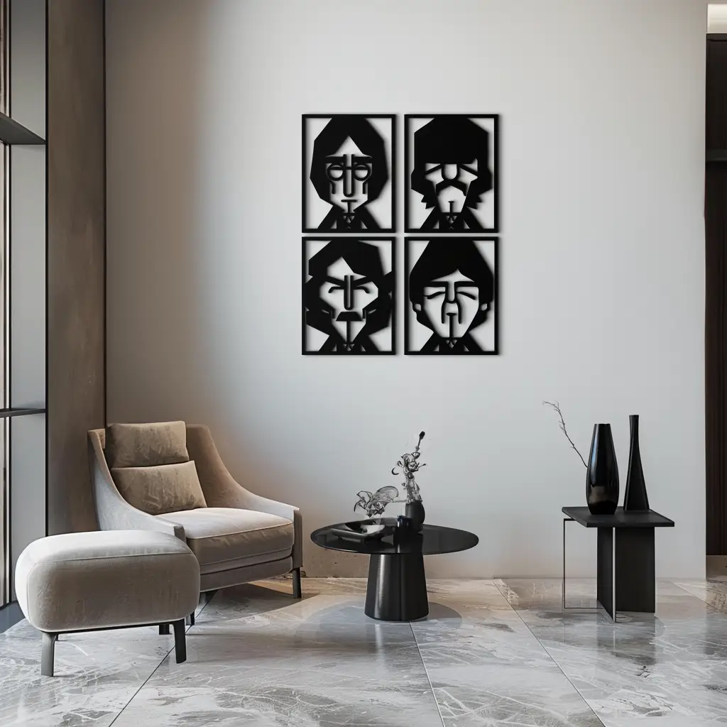 Abstract Geometric Faces Metal Wall Art - Modern Black Steel Home Decor Set of Four- KAF516 by Enova Art